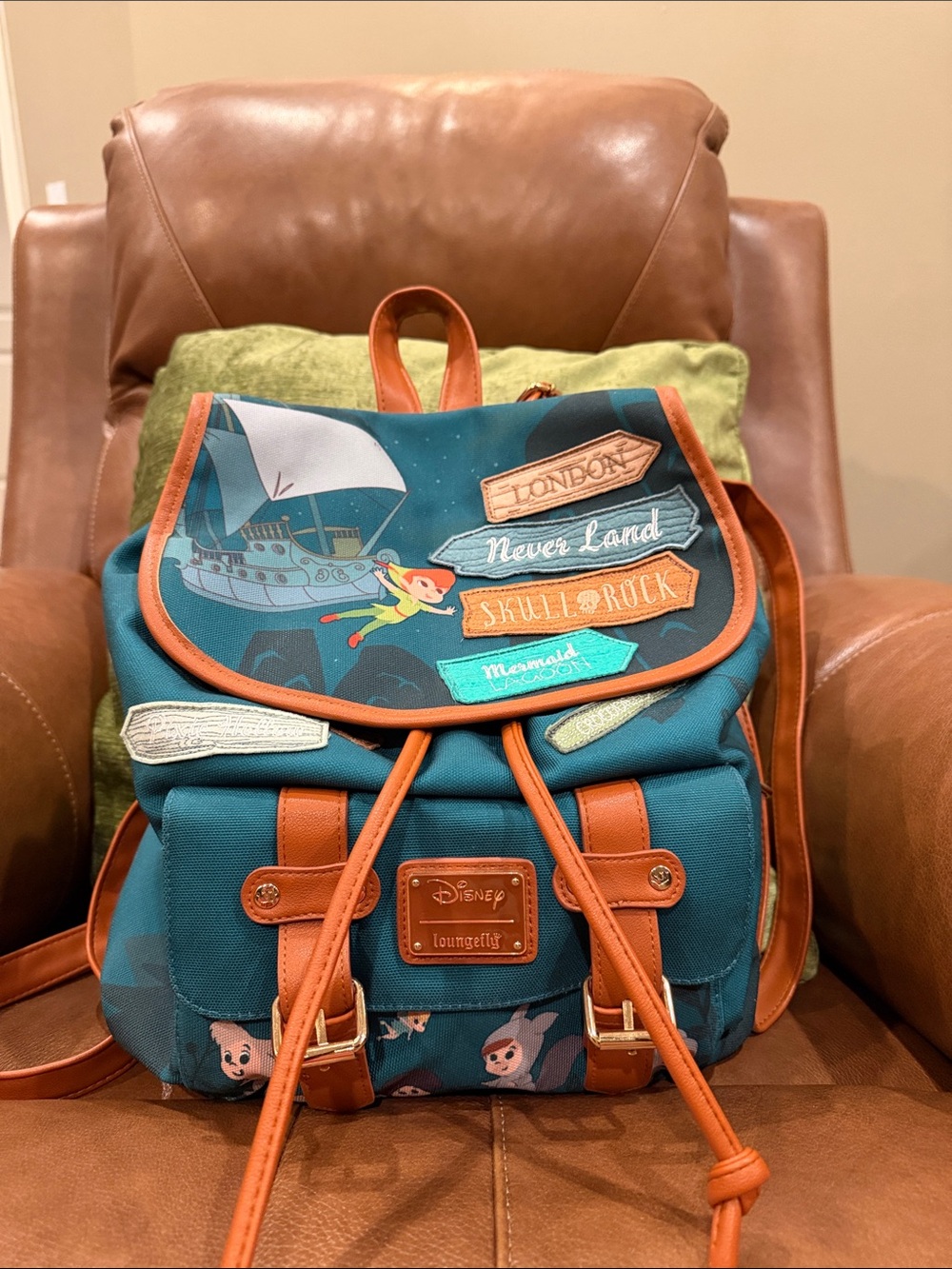 Loungefly Teal & Brown Peter Pan Never Land Mini Drawstring Backpack